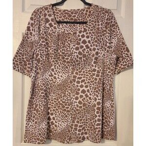 Denim & Co. Animal Print Tan & White Short Sleeve Stretch Fit & Flare Top Size L